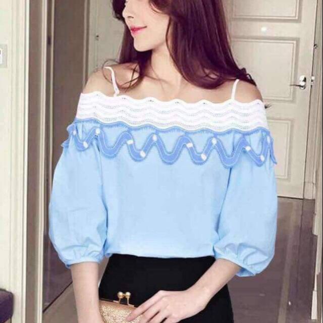 Áo trễ vai viền ren lượn sóng hàng QC