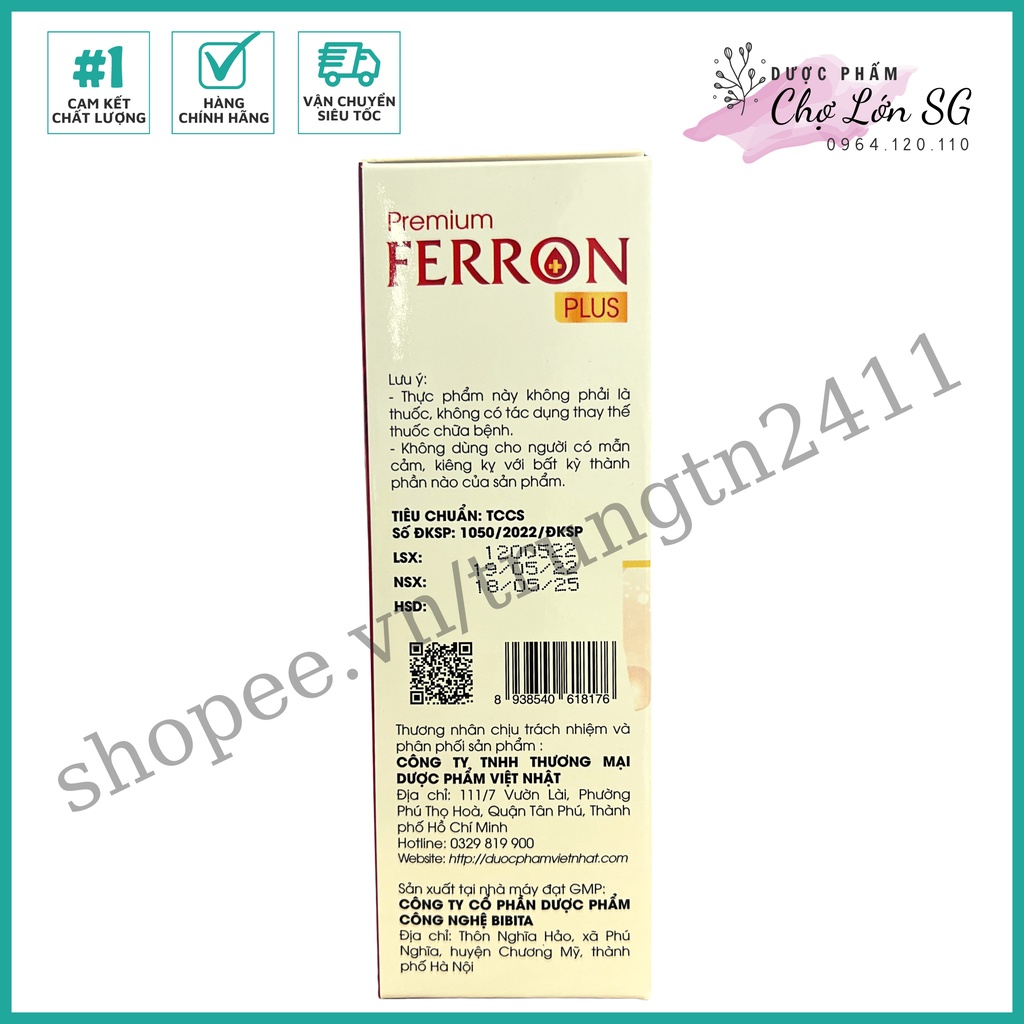 Siro bổ sung sắt ống Premium Ferron Plus - hỗ trợ khả năng tái tạo máu, giảm thiếu máu do thiếu sắt