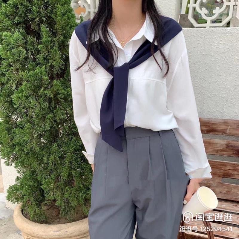 Áo sơ mi dài tay dáng rộng kèm khăn Ulzzang