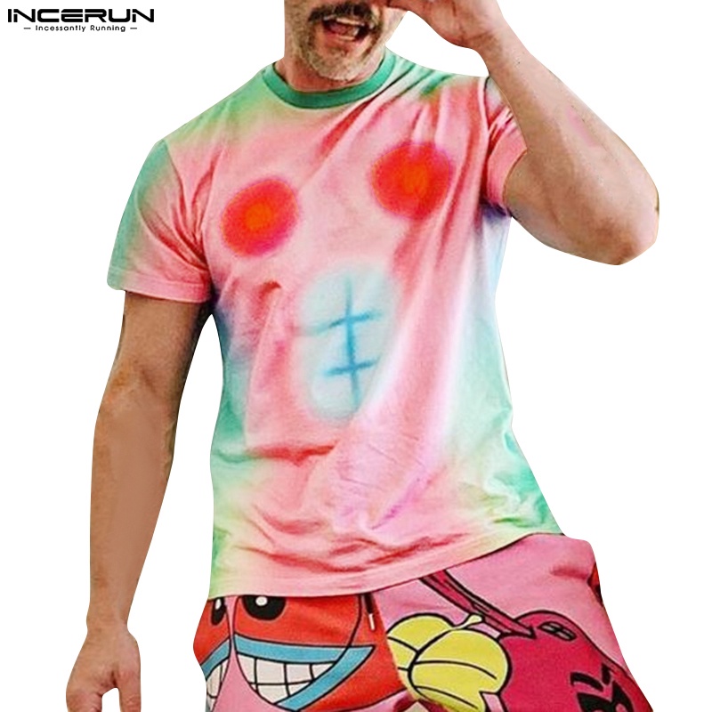 INCERUN Áo Thun Tay Ngắn Cổ Tròn In Màu Nhuộm Thời Trang Mùa Hè Cho Nam