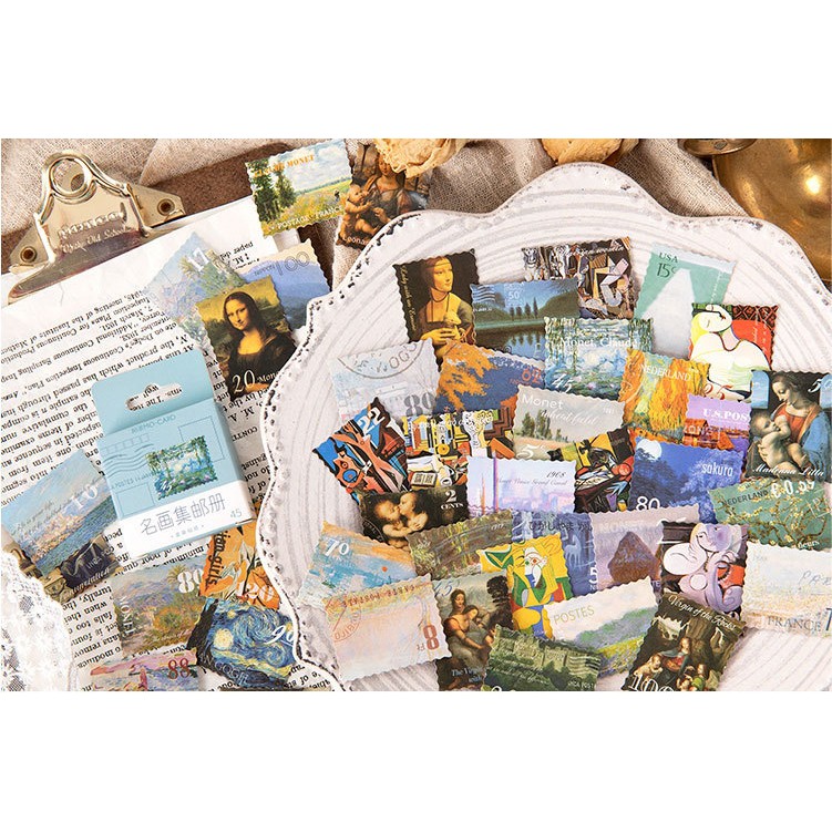 Hộp 45 miếng sticker mẫu tem hình các bức tranh