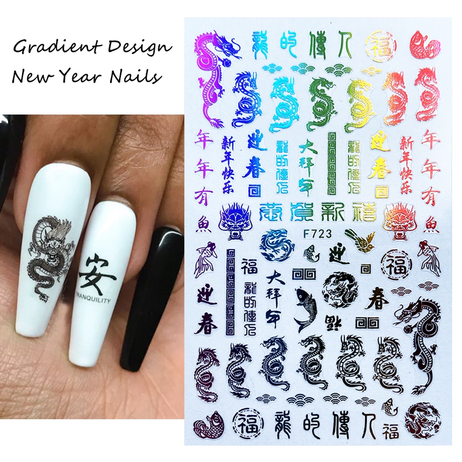 Miếng Dán Trang Trí Móng Tay Hình Rồng Đỏ Trung Hoa 3D Nhiều Màu Sắc