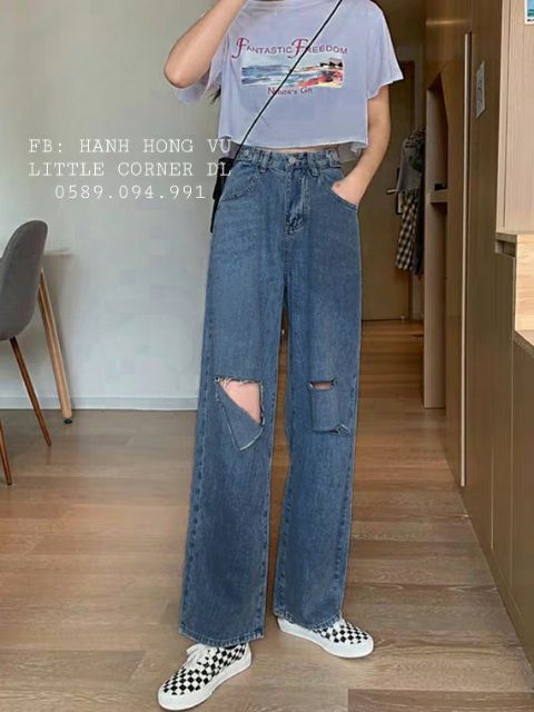 Quần retro baggy jeans ống suông dài nút hông rách xẻ kèm ảnh thật ulzzang unisex
