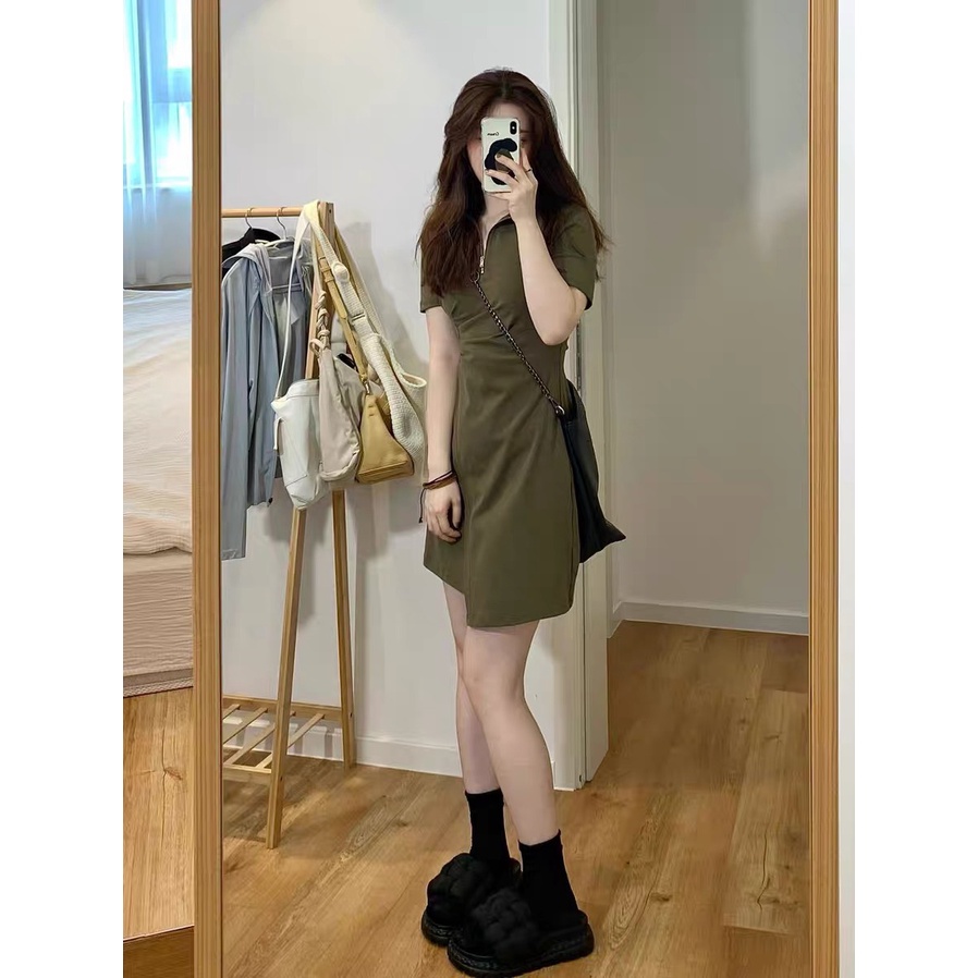 Váy đầm cổ POLO eo xinh đuôi xẻ tà hai màu lục đen phong cách Hàn Quốc MS816