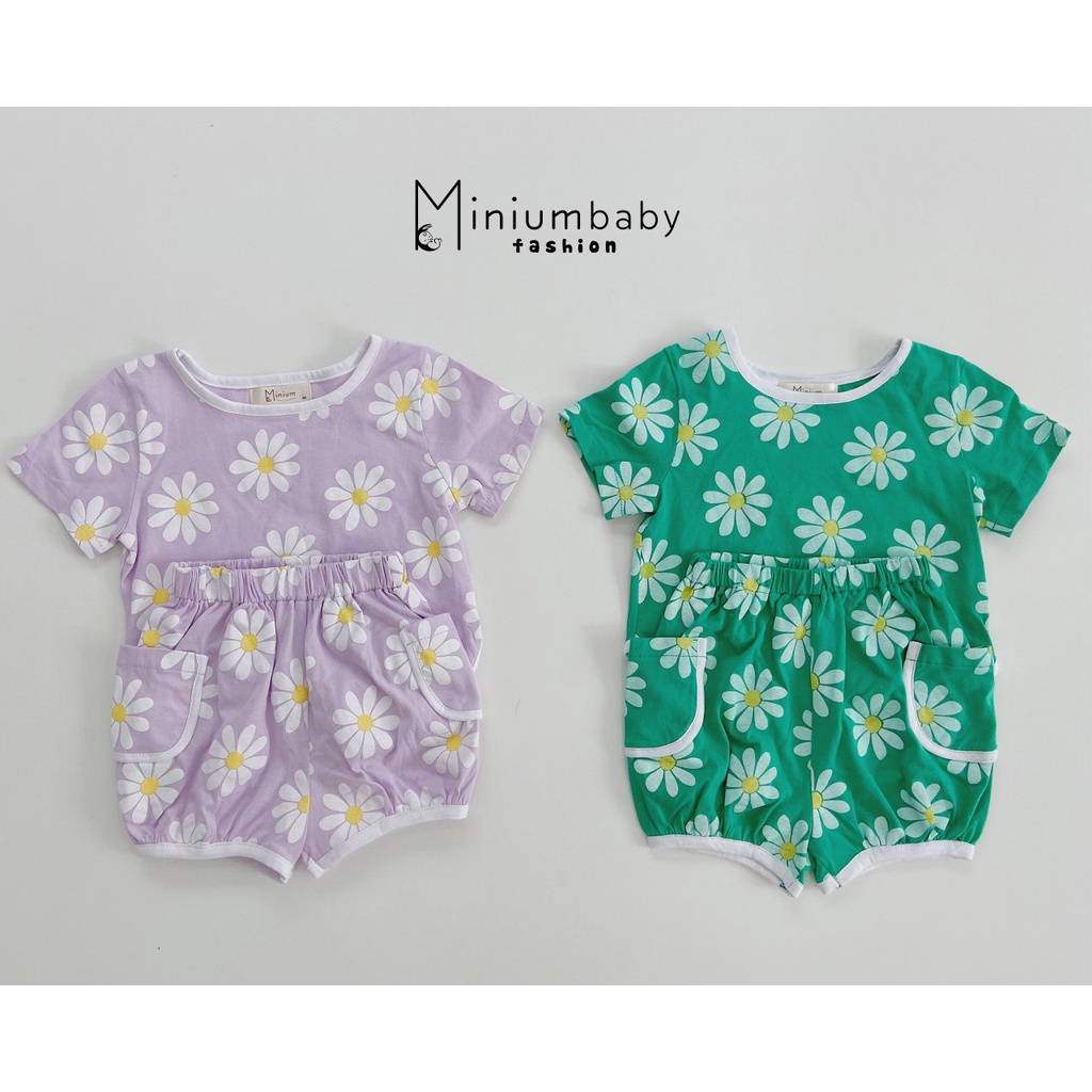 Bộ cotton bé gái hoạ tiết hoa cúc, bộ thun bé gái cotton mềm