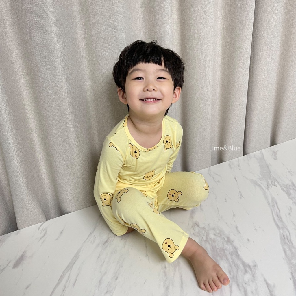 Bộ gấu Pooh dài tay nội địa Hàn Quốc Lime & Blue
