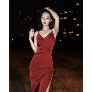 Váy đầm hai dây lụa cổ đổ dáng dài xẻ tà sexy quyến rũ đỏ