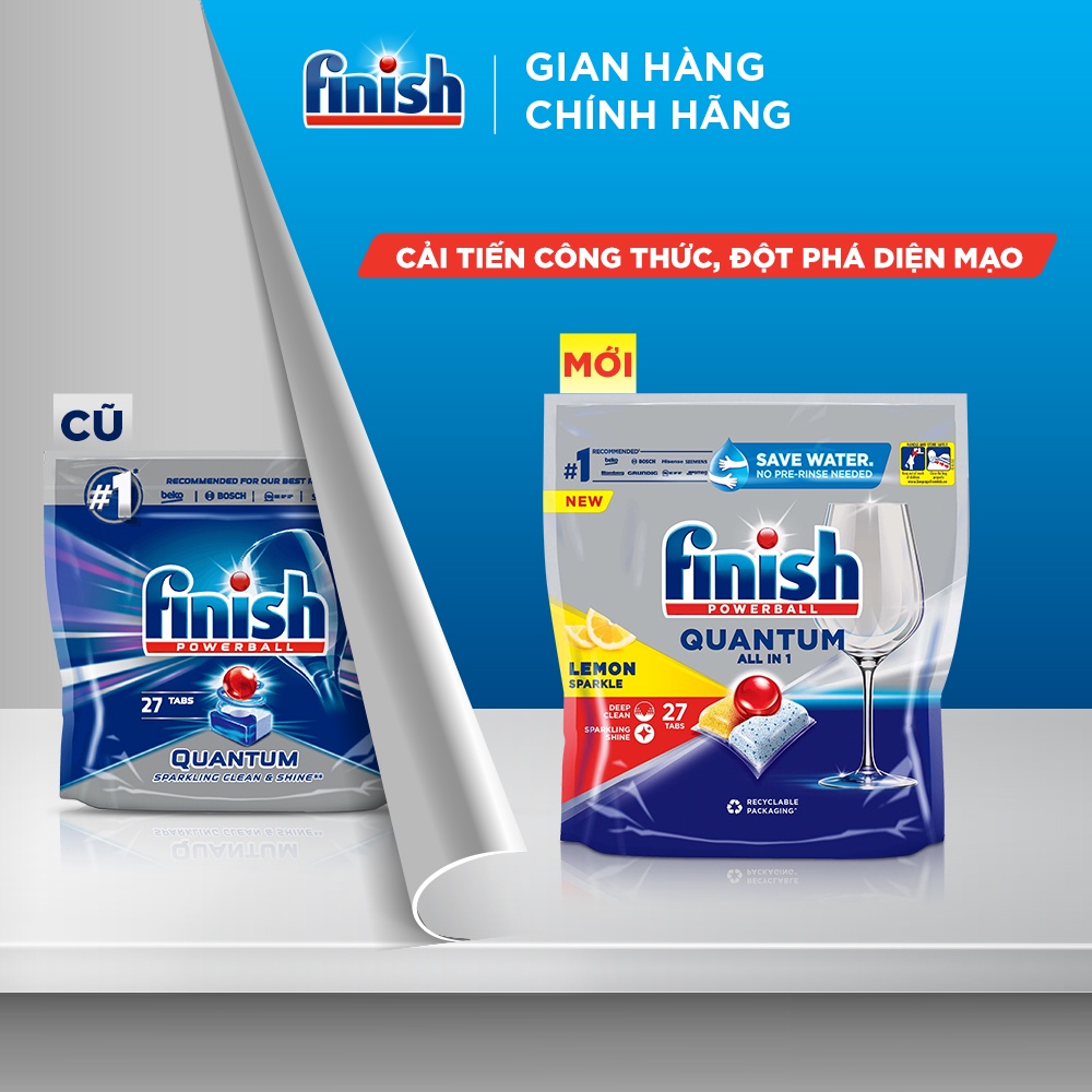 Viên Rửa Chén Bát Hương Chanh Finish Powerball Quantum All In 1 Lemon Sparkle 27 viên