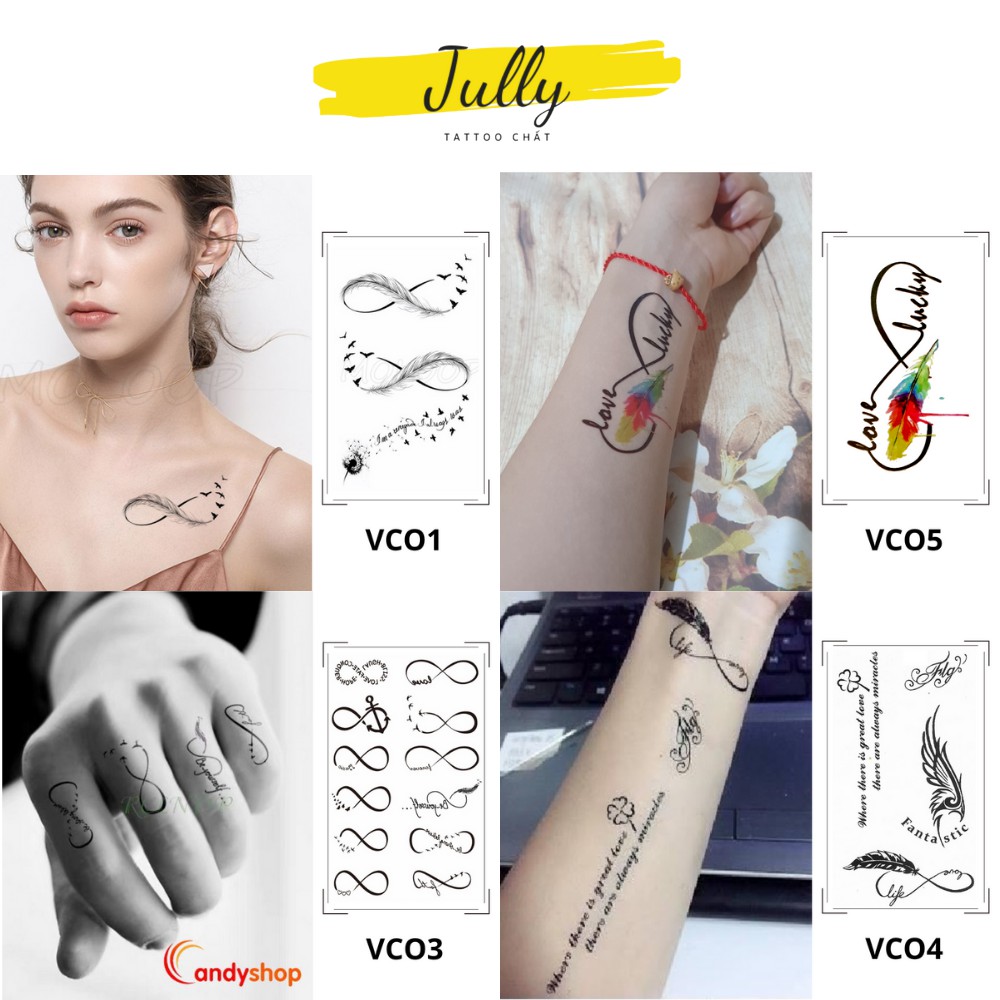 Hình xăm dán tạm thời mini hình vô cực, vô cùng, lông vũ, chữ JULLY Tattoo chất, chống nước, an toàn, bền đẹp