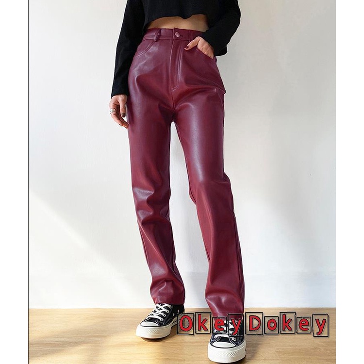 Quần dài da PU lưng cao kiểu dáng thời trang cho nữ