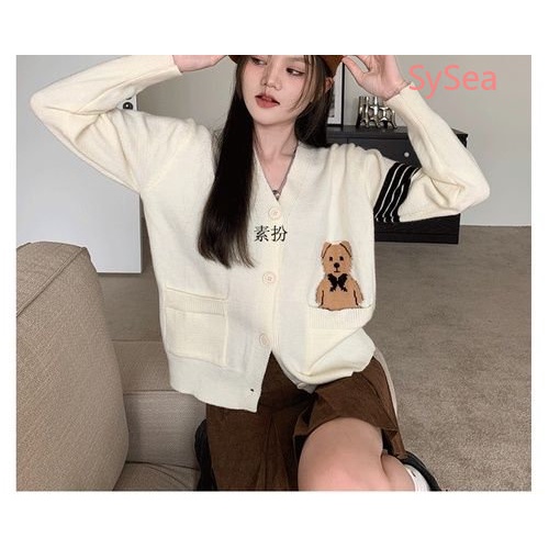 Áo Khoác Cardigan Dệt Kim Thêu Hình Gấu Xinh Xắn Cho Nữ
