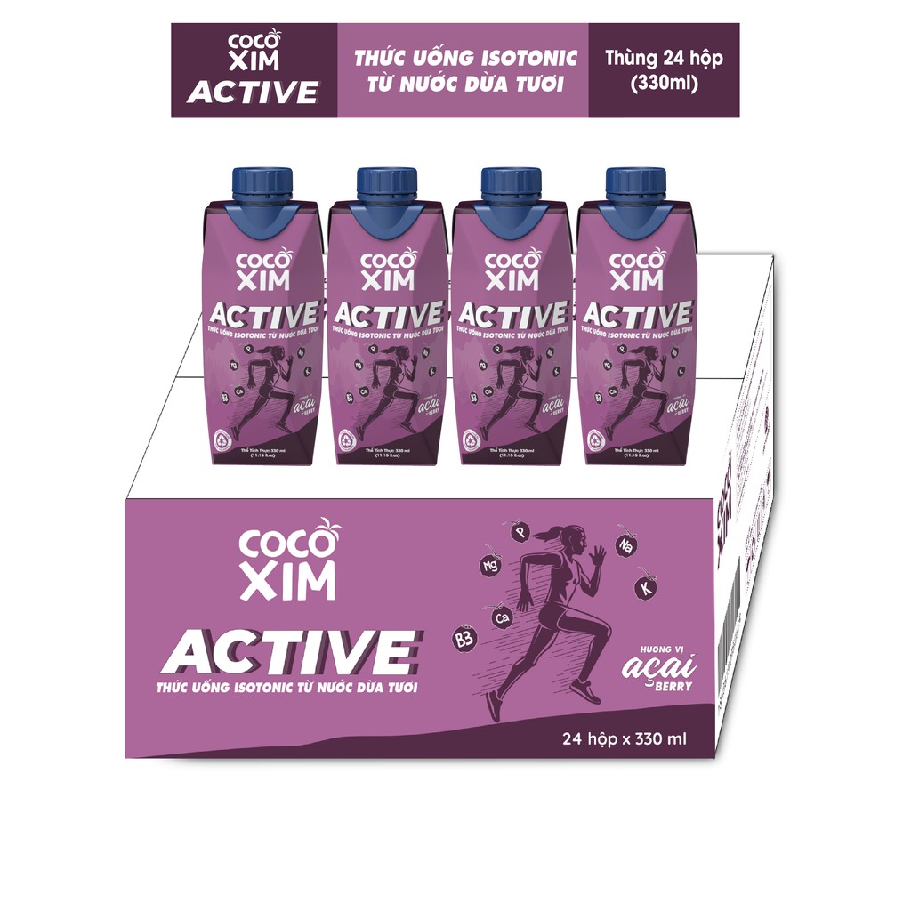 Cocoxim Active - Thức uống Isotonic từ nước dừa tươi vị Acai Berry dung tích 330ml/Hộp