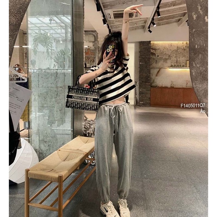 Áo len sọc ngang hở lưng gài nút hàng Quảng Châu 1405