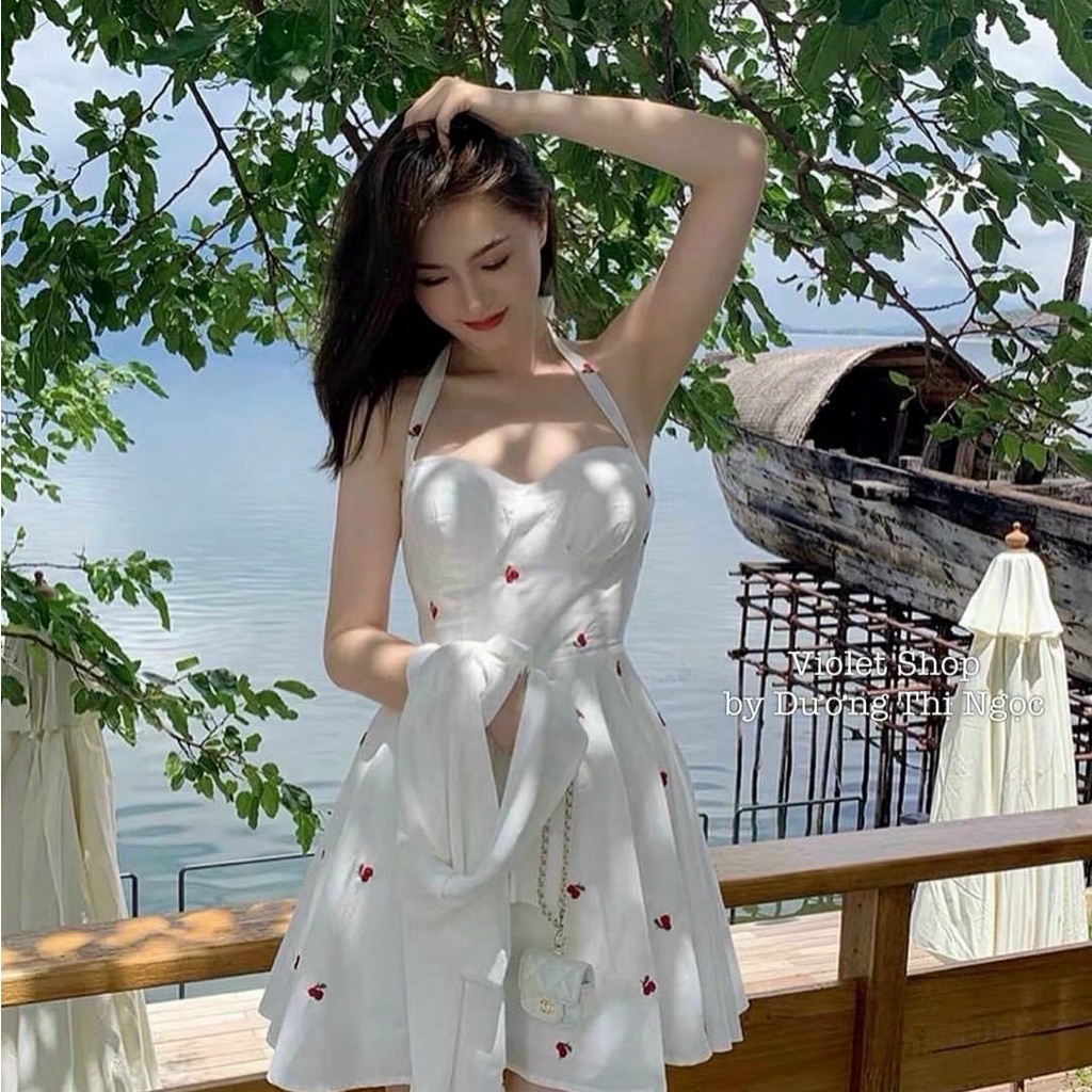Đầm 2 Dây Thắc Dây Vai Có Mút Ngực Họa Tiết Trái Cherry Kèm Áo Khoác Ngoài Sang Trọng