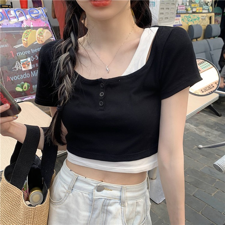 QADCOL Áo thun tay ngắn hai lớp phong cách Hàn Quốc cho nữ