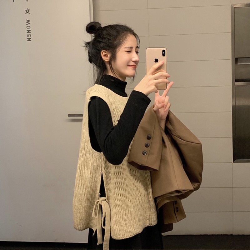 Áo len gile thắt nơ hai bên dáng dài rộng ulzzang 524