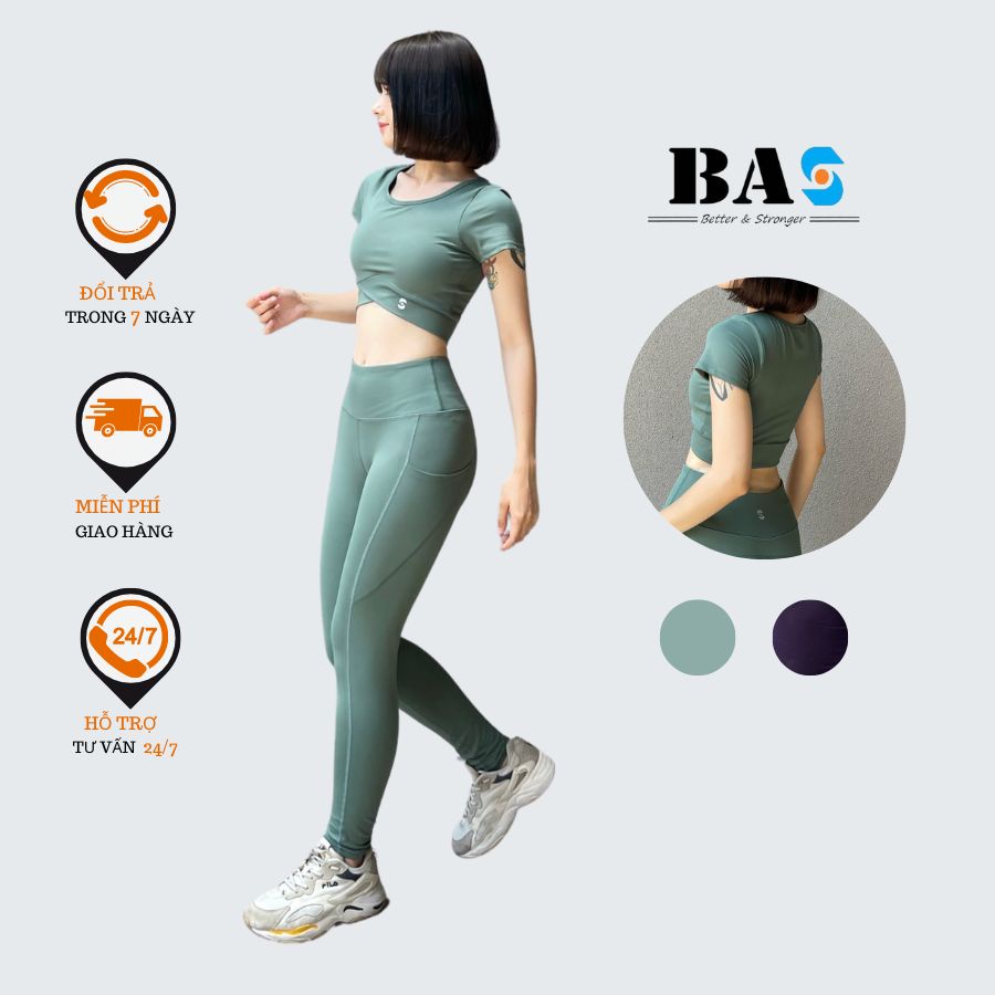 Set đồ tập yoga gym BAS, áo croptop có tay co dãn quần dài nâng mông S40041-2