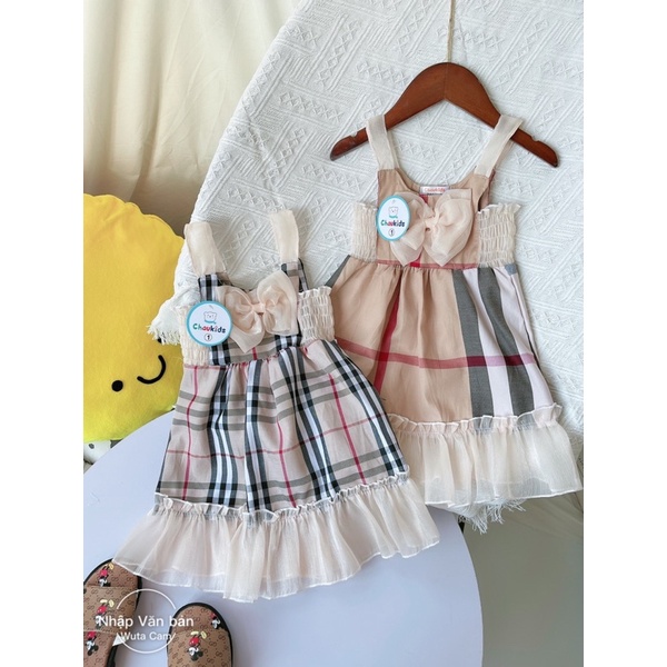 Xả Váy kẻ nơ 2 dây bản to cho bé gái
