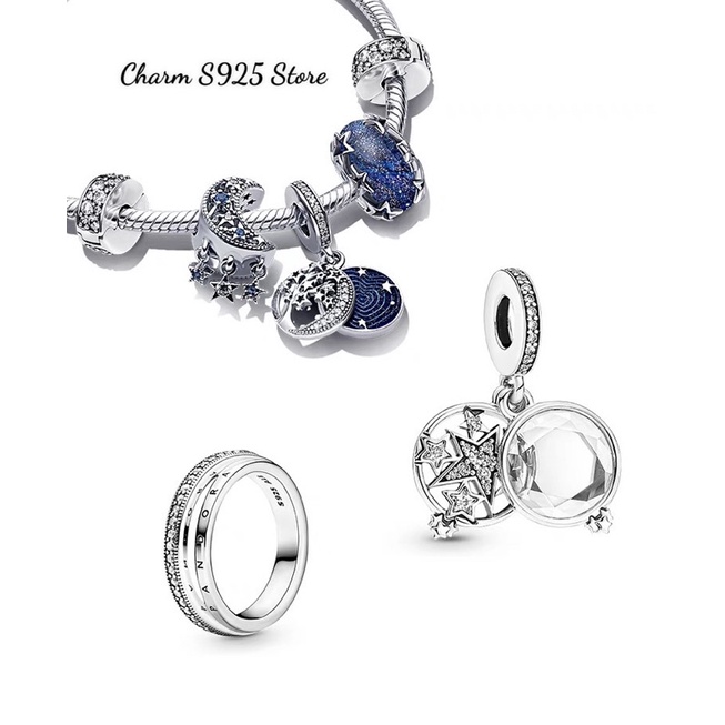 COMBO BỘ VÒNG TAY MỀM MIX 5 HẠT CHARM PAN ALE BẦU TRỜI TRĂNG SAO BẠC S925