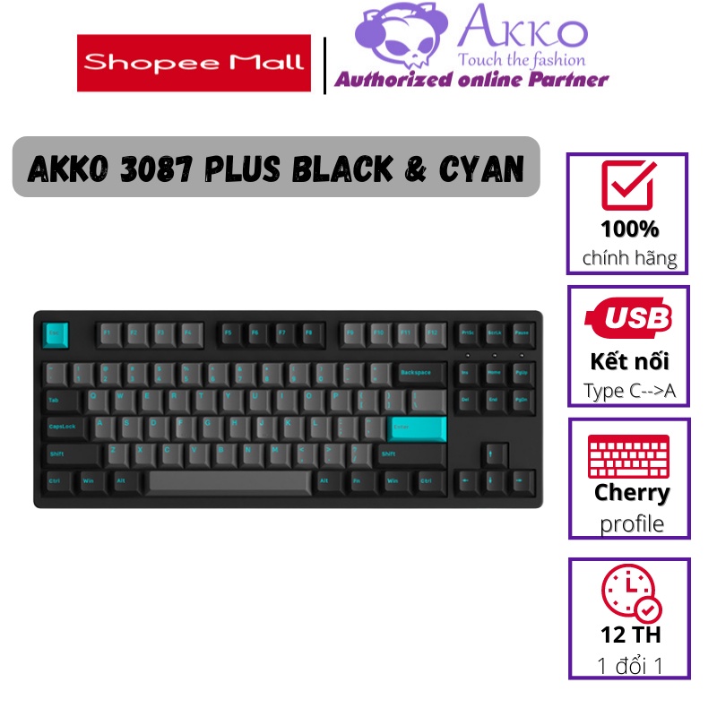 Bàn phím cơ AKKO 3087 Plus Black & Cyan (Foam tiêu âm / AKKO CS switch)