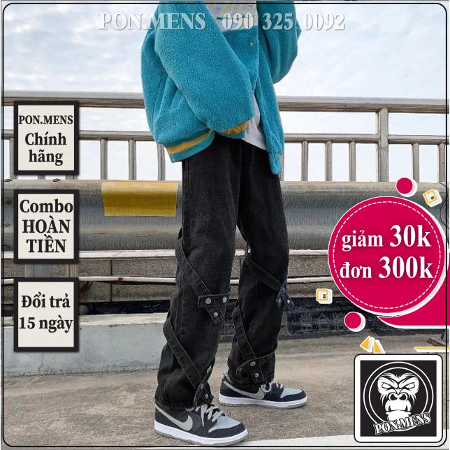 Quần jean ống rộng nam nữ unisex màu xanh nhạt và đen trang trí dây đẹp mới hà nội hcm Pon.mens