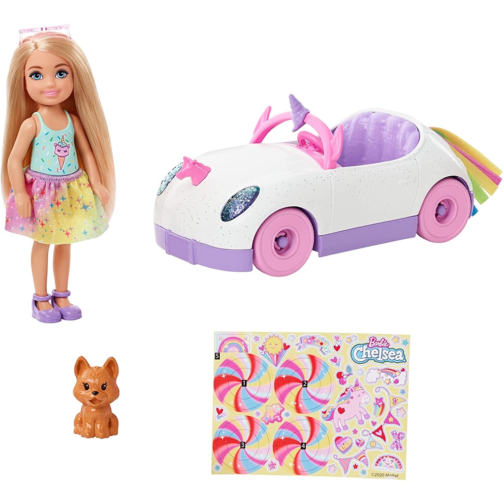 Đồ Chơi Búp Bê Barbie Club Chelsea và Chiếc Xe Hơi Cầu Vồng Chelsea n Rainbow Unicorn Car