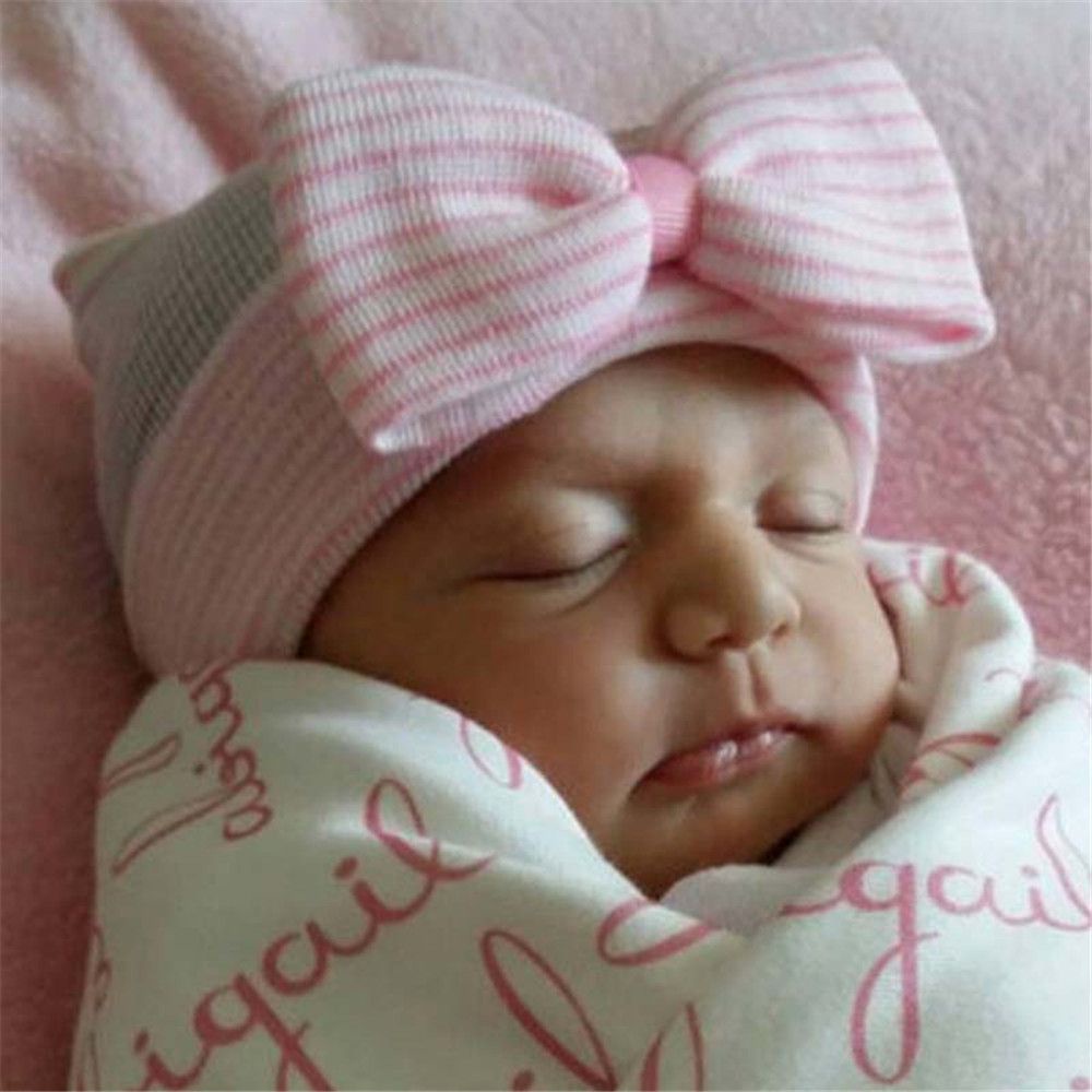 Mũ beanie mềm mại đính nơ họa tiết kẻ sọc dễ thương cho bé gái MIHAN1