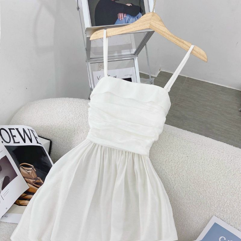 ĐẦM MIDI 2 DÂY TRẮNG XẾP LY NGỰC | BigBuy360 - bigbuy360.vn