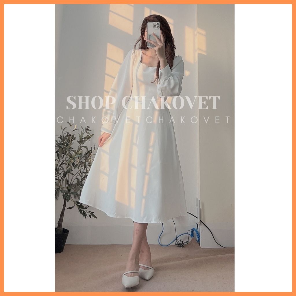 Đầm nữ cổ vuông màu trắng dài tay 2 lớp V8133, kiểu váy nữ dáng dài thanh lịch style hànquốc thiết kế chun sau có đai eo | BigBuy360 - bigbuy360.vn