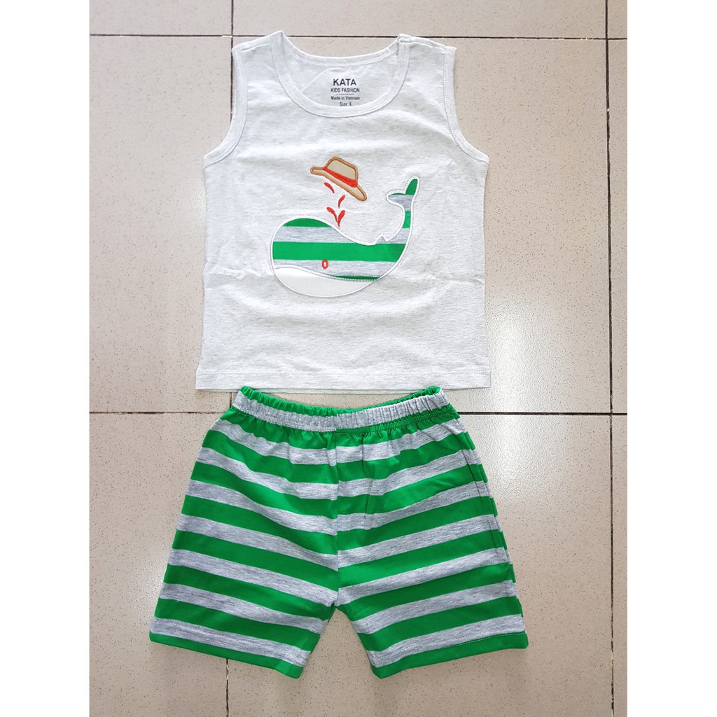 Bộ thun sát nách bé trai thêu cá heo quần sọc nhỏ và đại