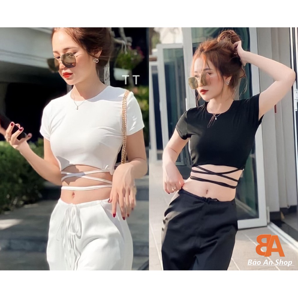 Áo thun kiểu croptop quấn eo tay ngắn chất vải thun gân