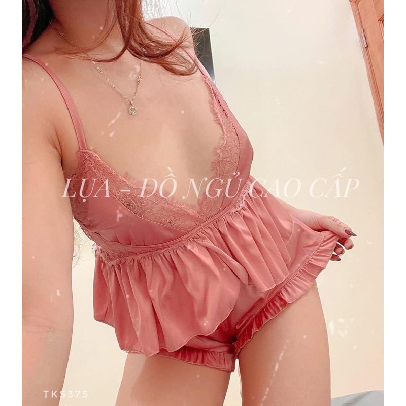 Đồ ngủ sexy 2 dây phối ren ngực gợi cảm Hoàng Tình Store lụa satin quyến rũ mềm mại thoáng mát Freesize