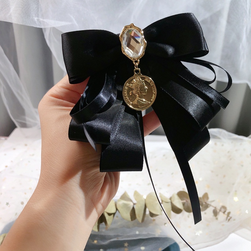 Nơ Cài Cổ Áo Màu Đen Đính Pha Lê Phong Cách Baroque Cổ Điển Kèm Phụ Kiện Cài Áo Cho Nữ