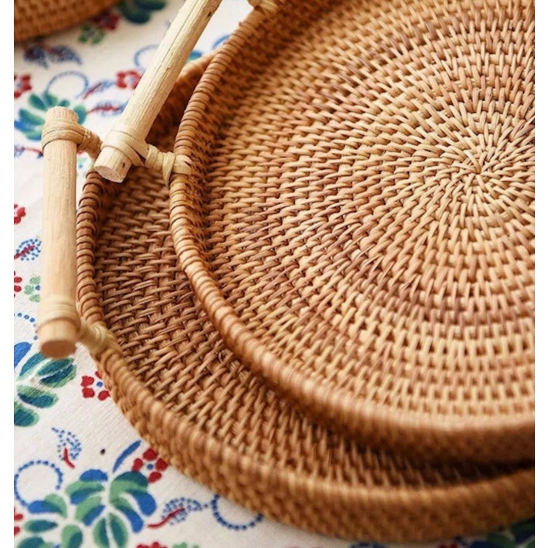 [Giá Xưởng Sản Xuất] Khay Mây Tre Đan ECO GREEN Hình Tròn Có Tay Cầm (Bamboo Rattan Tray) | Eco Green (Việt Nam)