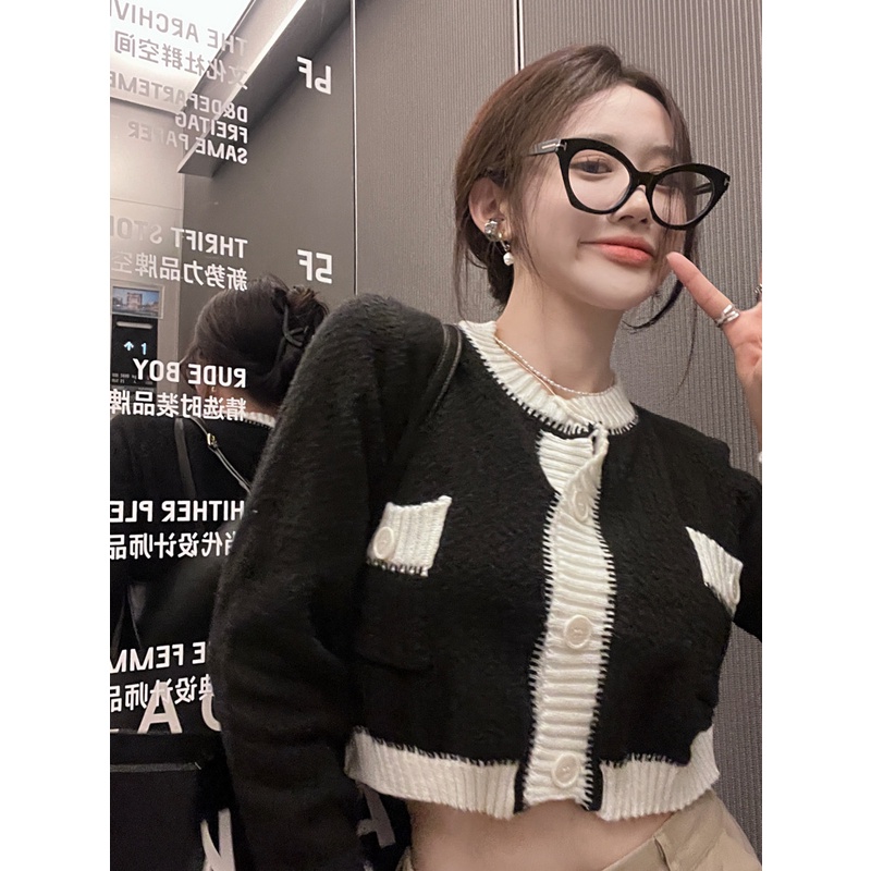 HUANG YOYO Áo khoác cardigan dệt kim tay dài dáng ngắn phối màu tương phản thời trang Hàn Quốc cho nữ 2023 Cho Nữ croptop