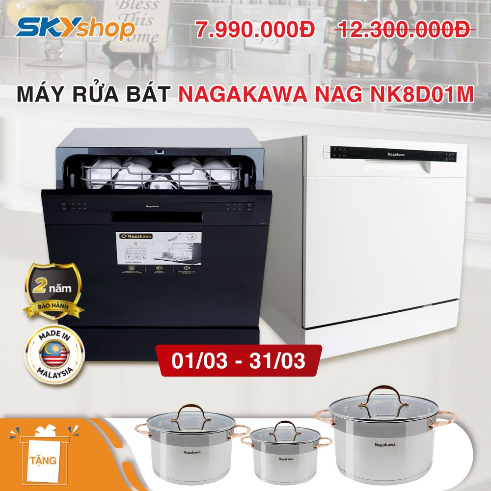 Máy Rửa Chén Bát 8 Bộ Cao Cấp NAGAKAWA NK8D01M - Hàng Chính Hãng