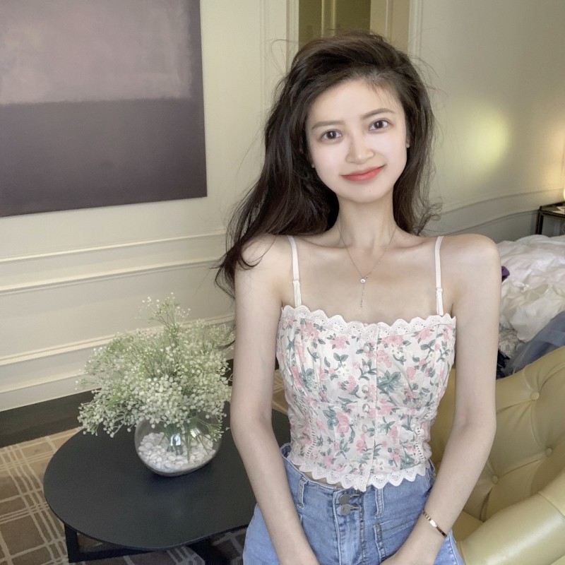 Cocory vn Áo Croptop Hai Dây Phối Ren In Hoa Phong Cách Quyến Rũ | BigBuy360 - bigbuy360.vn