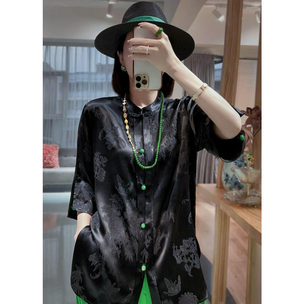 Áo Sơ Mi Jacquard Lụa Jacquard Cao Cấp Cổ Đứng Cài Nút Phong Cách Trung Hoa Cổ Điển Cao Cấp Cho Nữ