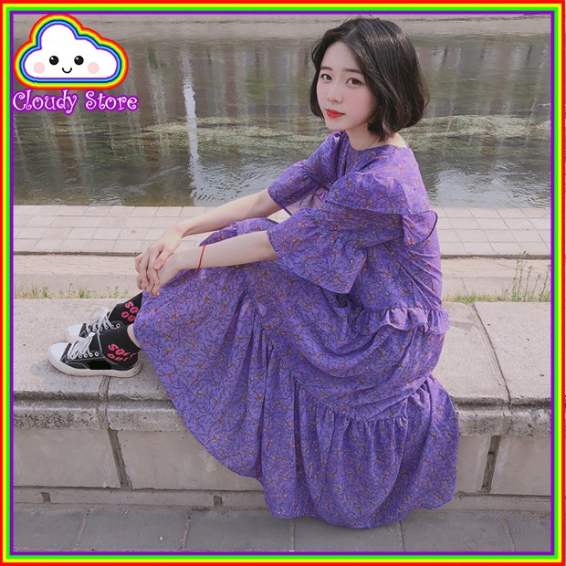 (HÀNG SẴN) VÁY HOA TÍM FREESIZE VD200 - CLOUDY STORE