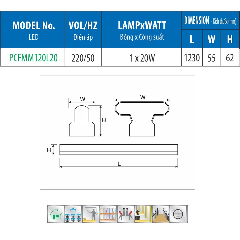 Máng Đèn Led Kiểu Batten PARAGON (PCFMM Series) – 20W/ 40W – Máng Đơn/ Đôi – 1.2M – Ánh Sáng Vàng/ Trung Tính/ Trắng