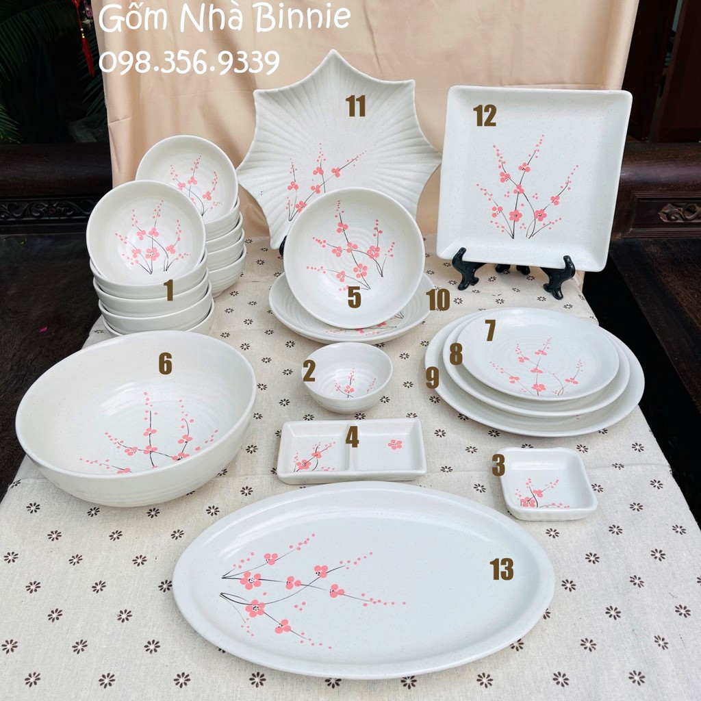 Bát đĩa sứ trắng Bát Tràng dùng trong gia đình hoạ tiết hoa đào