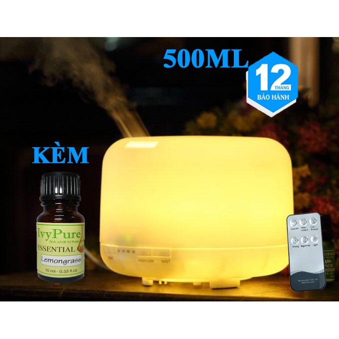 Máy Tinh Dầu 500ML có Remote KÈM TINH DẦU Cao Cấp Chuyên Dụng, Công nghệ siêu âm, Đèn LED 7 Màu