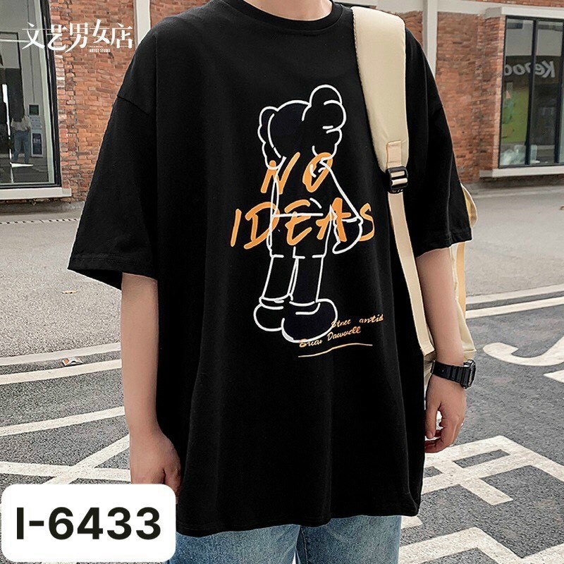 thời trang Unisex tay lỡ phông rộng in họa tiết gấu đen chất vải cotton 65%