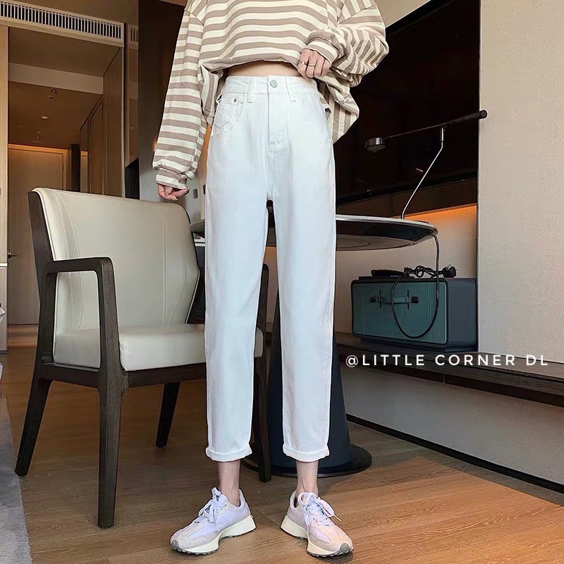 Quần slim baggy suông kem vani lưng cao basic hàng loại 1