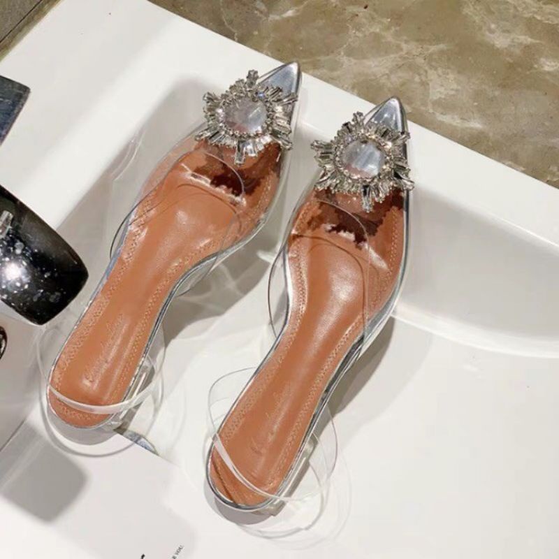 Giày cao gót bệt AMINA MUAD.DI xuất xịn trong suốt tag đá bạc tròn lấp lánh gót vuông 2cm size 35 36 37