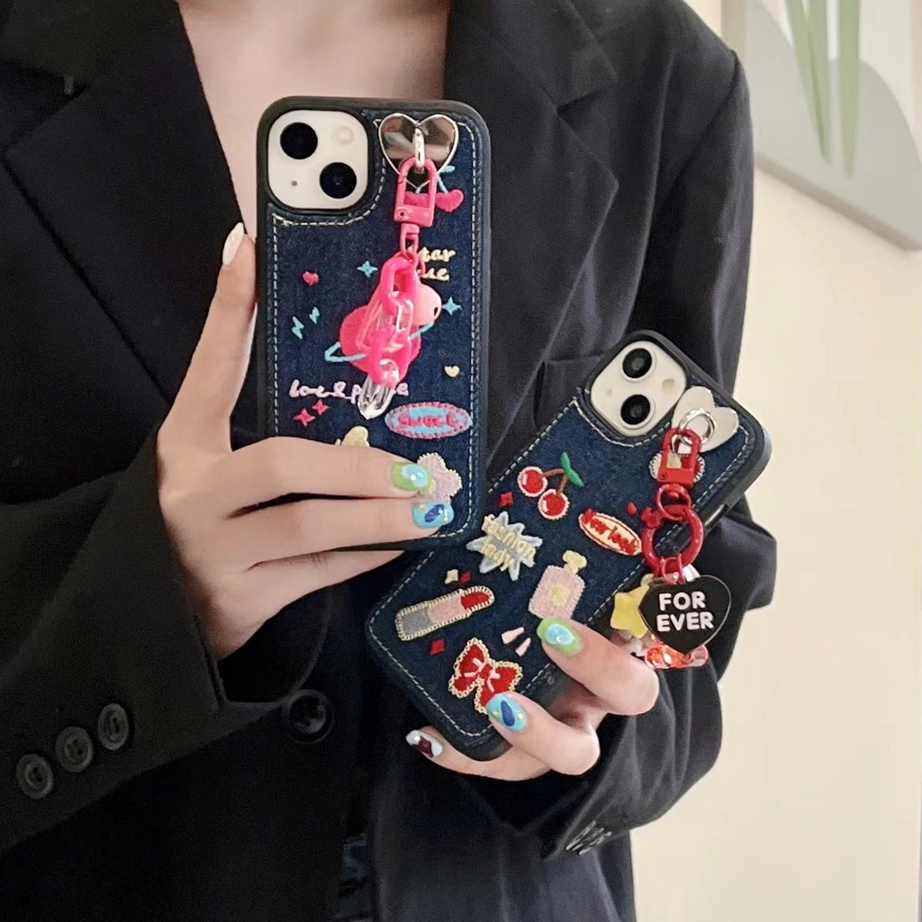 Ốp Điện Thoại Tpu denim Mềm Chống Trượt Thêu Hình Hoạt Hình Có Dây Đeo Cổ Tay Cho iphone 11 12 13 pro xs max xr