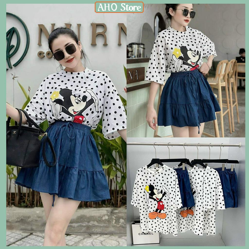 Set Váy Nữ Áo Thun Nữ Chấm Bi In Hình Mickey Mix Chân Váy Jeans Giấy 2 Tầng Dây Rút Freesize