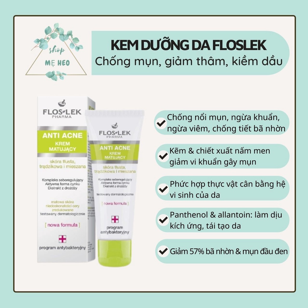 Kem dưỡng Floslek Anti Acne Mattifying Cream 50ml kiểm soát dầu, điều tiết nhờn &amp; ngăn ngừa mụn cho da dầu mụn