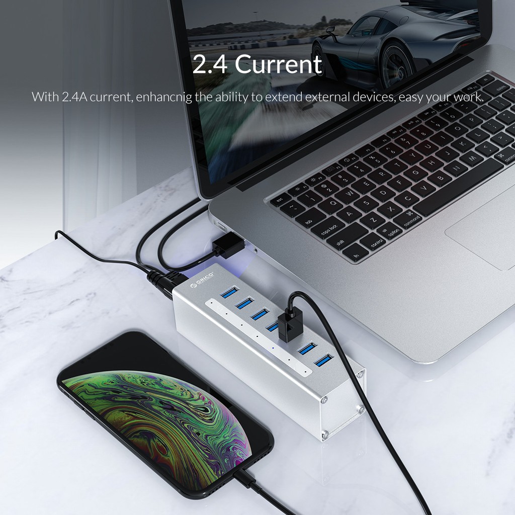 [ORICO] Aluminium 10 cổng USB 3.0 HUB Bộ chuyển đổi nguồn Nguồn điện độc lập 12V cho PC MAC với Bộ sạc BC1.2 （A3H10-V2）
