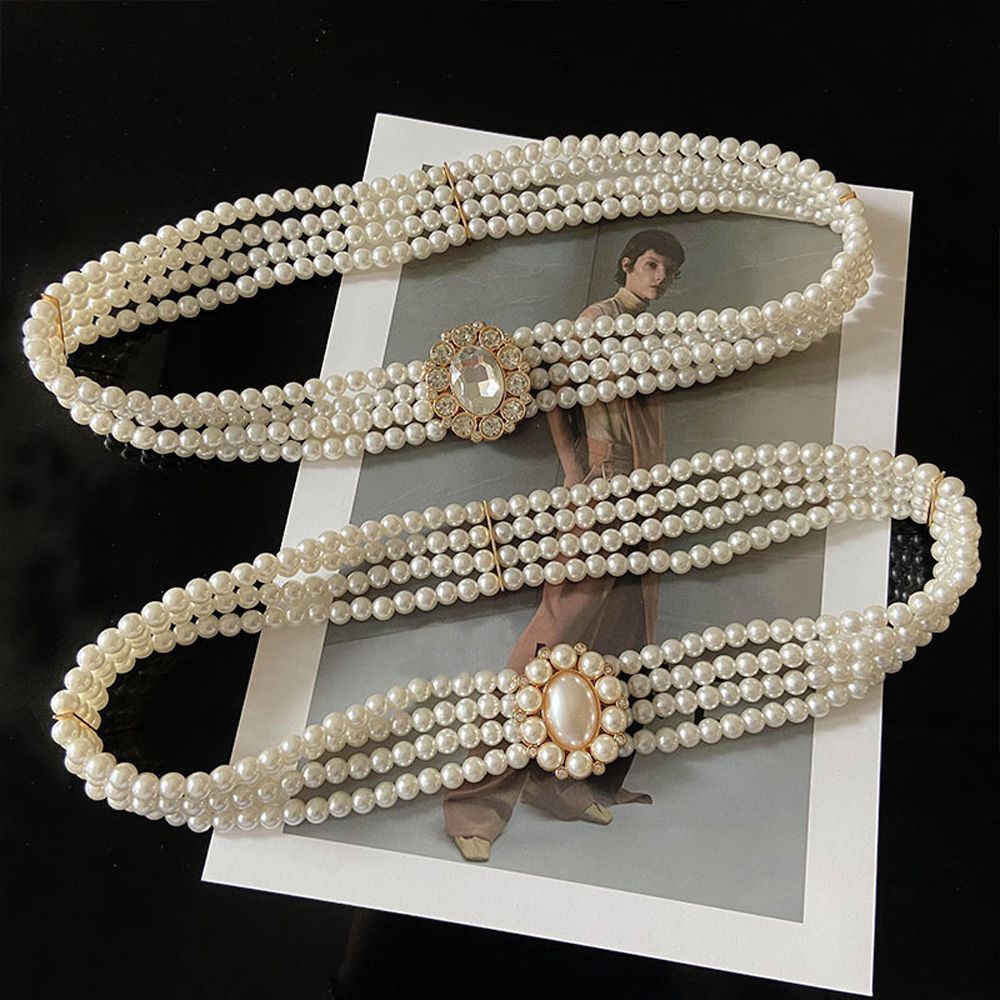 Dây thắt lưng ngọc trai nhân tạo dáng dài mặt khóa kim loại có thể điều chỉnh thiết kế sang trọng thanh lịch cho nữ